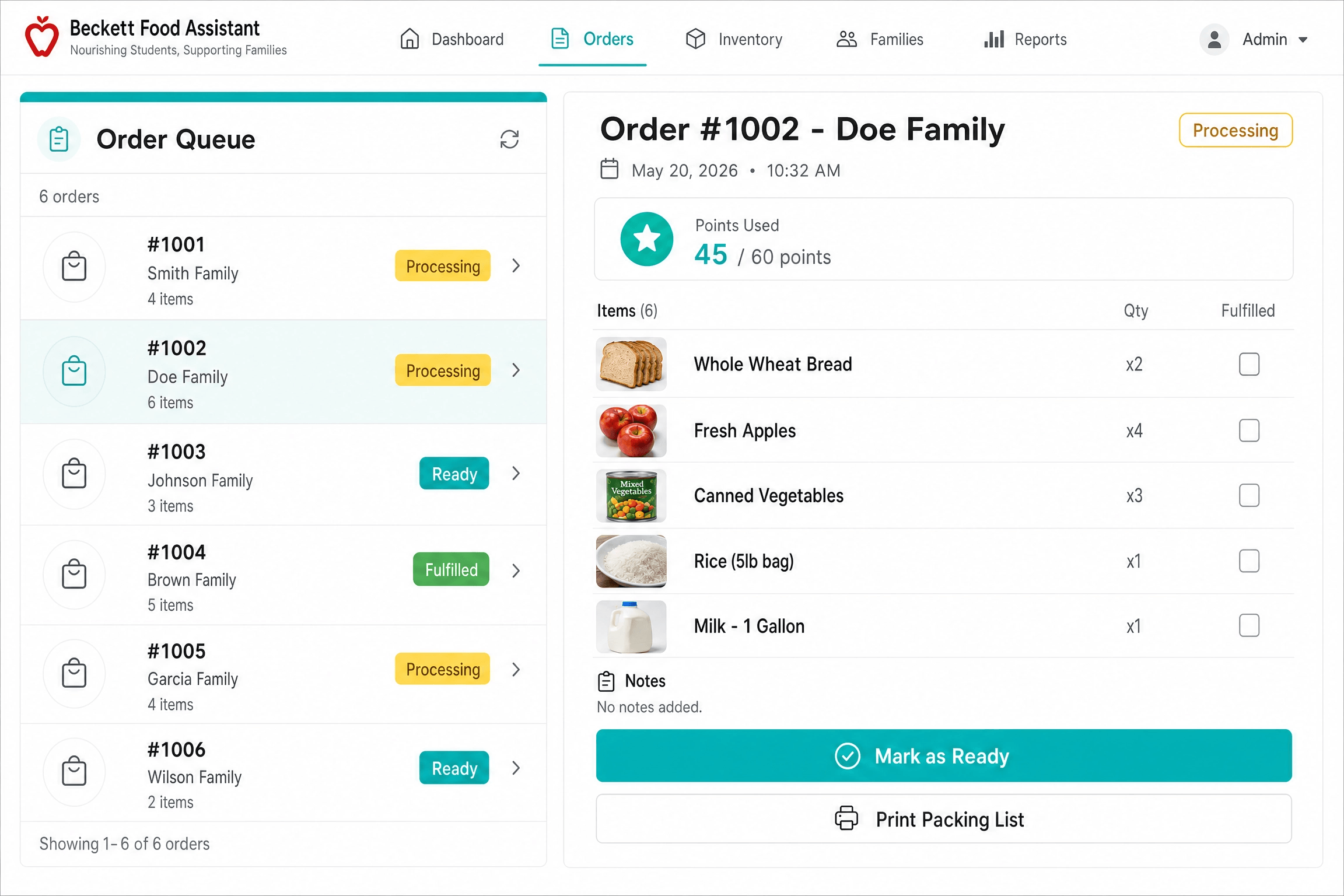 Beckett Food Assistant App interface
